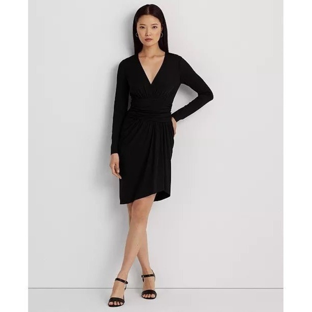 Lauren Ralph Lauren Black Ruched V Neck Long Sleeve Wrap Sheath Dress Size 8 NWT